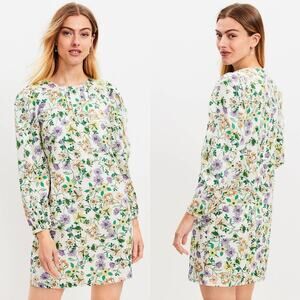Loft Floral Linen-Blend Long Sleeve Shift Dress Sz.0 NWT
